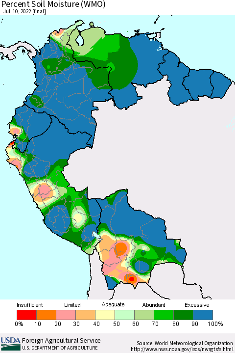 Northern South America Percent Soil Moisture (WMO) Thematic Map For 7/4/2022 - 7/10/2022