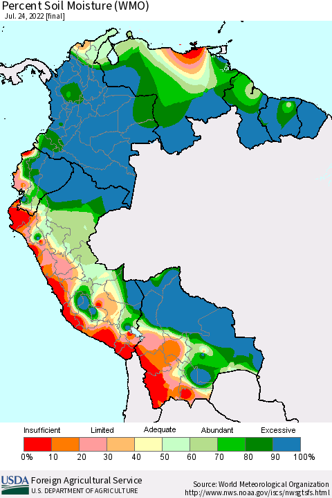 Northern South America Percent Soil Moisture (WMO) Thematic Map For 7/18/2022 - 7/24/2022