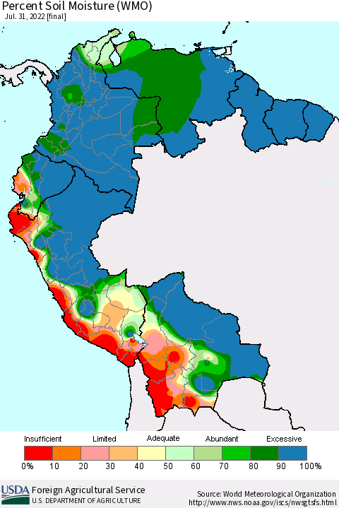 Northern South America Percent Soil Moisture (WMO) Thematic Map For 7/25/2022 - 7/31/2022
