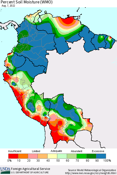 Northern South America Percent Soil Moisture (WMO) Thematic Map For 8/1/2022 - 8/7/2022