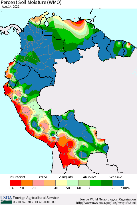 Northern South America Percent Soil Moisture (WMO) Thematic Map For 8/8/2022 - 8/14/2022