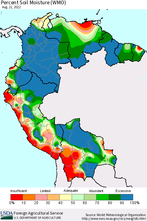 Northern South America Percent Soil Moisture (WMO) Thematic Map For 8/15/2022 - 8/21/2022