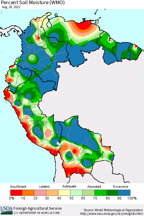 Northern South America Percent Soil Moisture (WMO) Thematic Map For 8/22/2022 - 8/28/2022