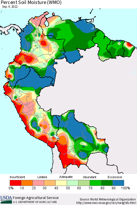 Northern South America Percent Soil Moisture (WMO) Thematic Map For 8/29/2022 - 9/4/2022