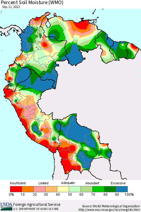 Northern South America Percent Soil Moisture (WMO) Thematic Map For 9/5/2022 - 9/11/2022