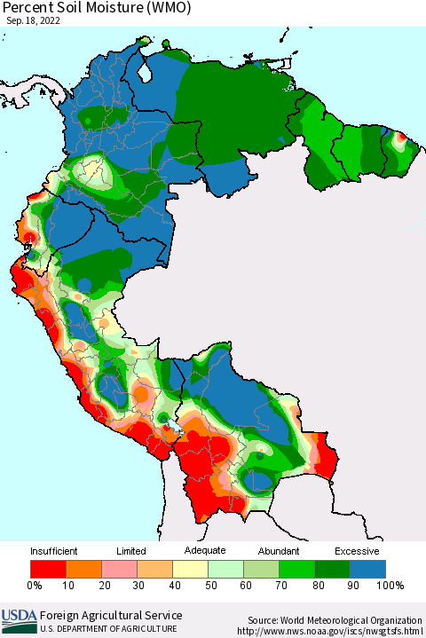 Northern South America Percent Soil Moisture (WMO) Thematic Map For 9/12/2022 - 9/18/2022