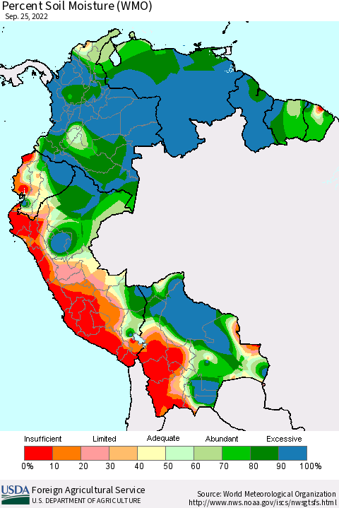 Northern South America Percent Soil Moisture (WMO) Thematic Map For 9/19/2022 - 9/25/2022