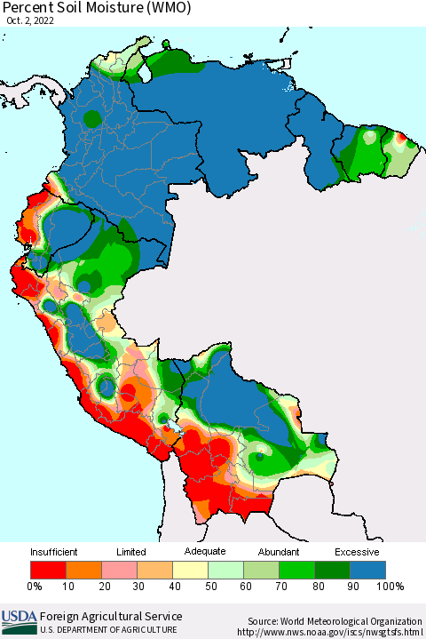 Northern South America Percent Soil Moisture (WMO) Thematic Map For 9/26/2022 - 10/2/2022