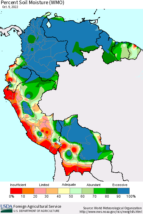Northern South America Percent Soil Moisture (WMO) Thematic Map For 10/3/2022 - 10/9/2022