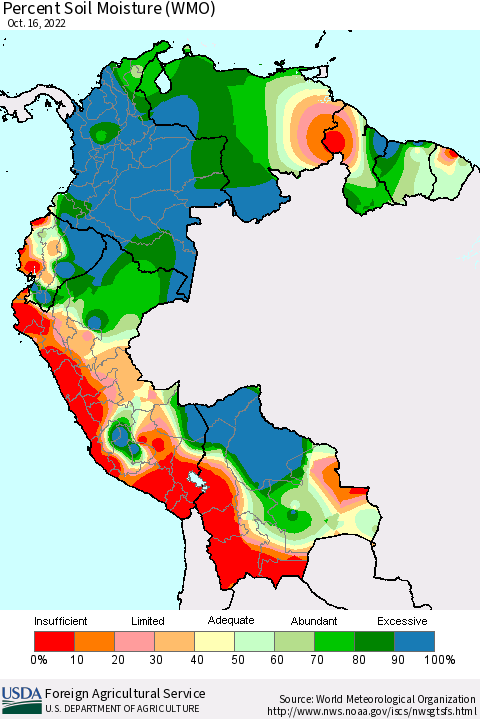 Northern South America Percent Soil Moisture (WMO) Thematic Map For 10/10/2022 - 10/16/2022