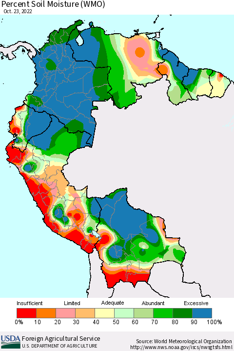 Northern South America Percent Soil Moisture (WMO) Thematic Map For 10/17/2022 - 10/23/2022