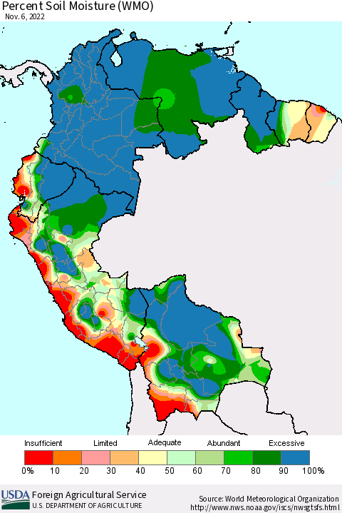 Northern South America Percent Soil Moisture (WMO) Thematic Map For 10/31/2022 - 11/6/2022