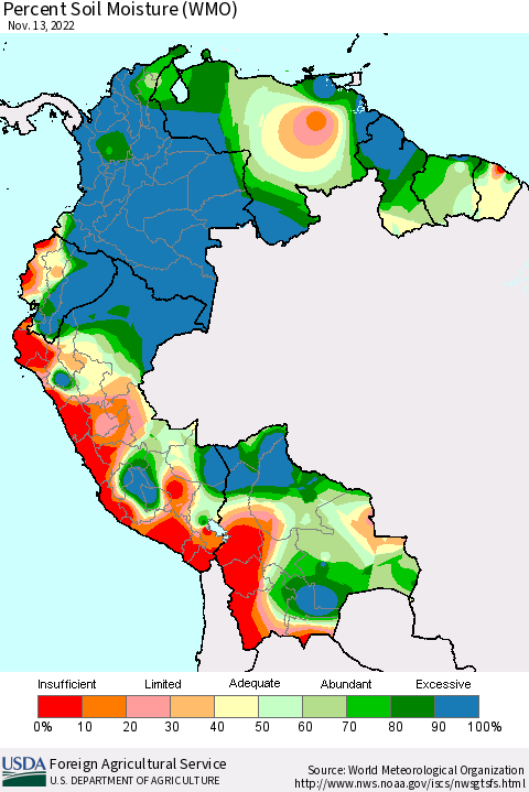 Northern South America Percent Soil Moisture (WMO) Thematic Map For 11/7/2022 - 11/13/2022
