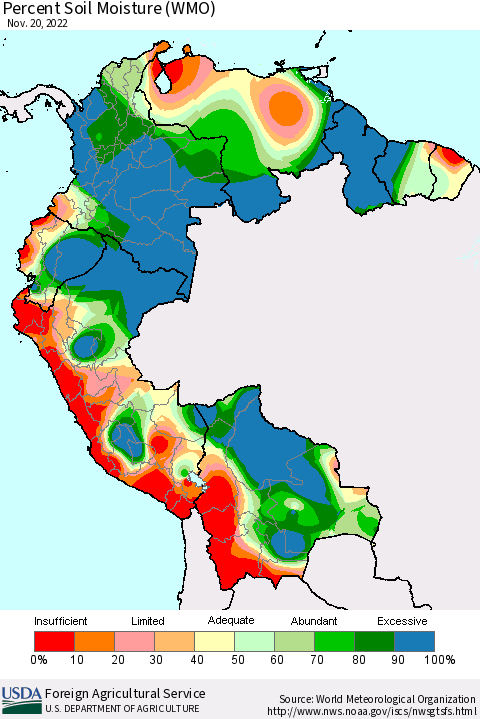 Northern South America Percent Soil Moisture (WMO) Thematic Map For 11/14/2022 - 11/20/2022