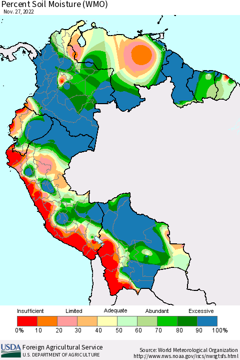 Northern South America Percent Soil Moisture (WMO) Thematic Map For 11/21/2022 - 11/27/2022