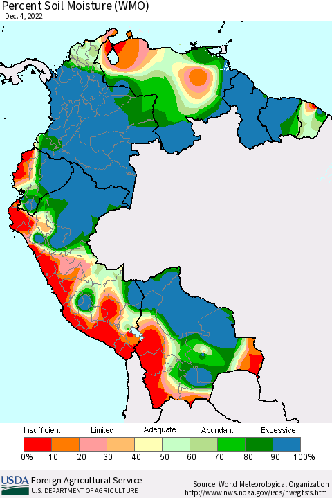 Northern South America Percent Soil Moisture (WMO) Thematic Map For 11/28/2022 - 12/4/2022