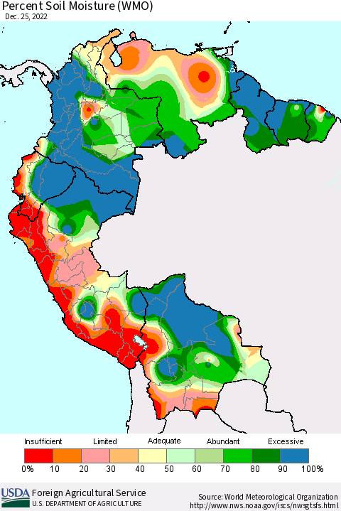 Northern South America Percent Soil Moisture (WMO) Thematic Map For 12/19/2022 - 12/25/2022
