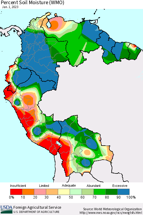 Northern South America Percent Soil Moisture (WMO) Thematic Map For 12/26/2022 - 1/1/2023