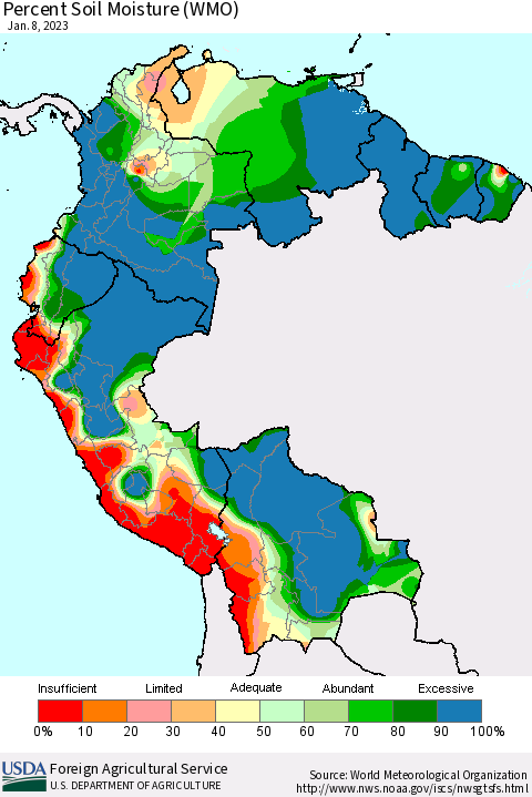 Northern South America Percent Soil Moisture (WMO) Thematic Map For 1/2/2023 - 1/8/2023