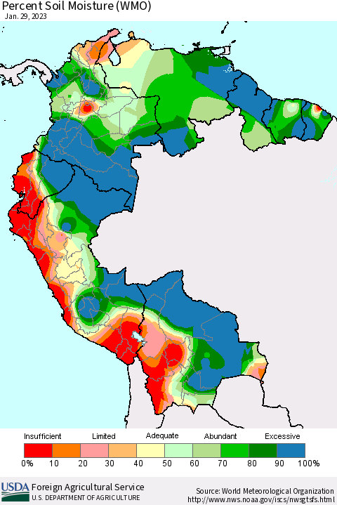 Northern South America Percent Soil Moisture (WMO) Thematic Map For 1/23/2023 - 1/29/2023