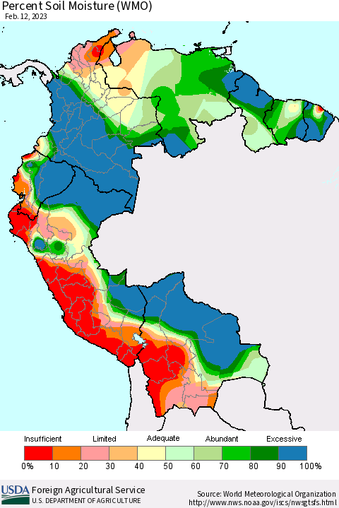 Northern South America Percent Soil Moisture (WMO) Thematic Map For 2/6/2023 - 2/12/2023