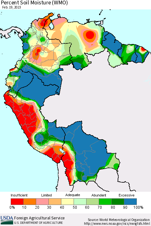 Northern South America Percent Soil Moisture (WMO) Thematic Map For 2/13/2023 - 2/19/2023