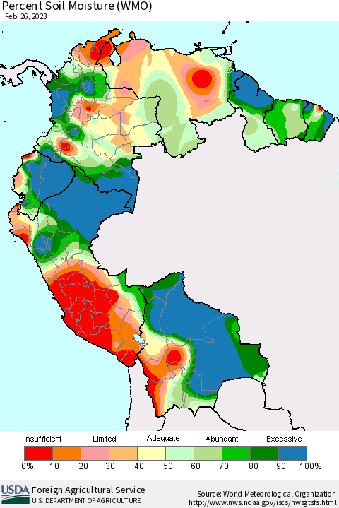 Northern South America Percent Soil Moisture (WMO) Thematic Map For 2/20/2023 - 2/26/2023