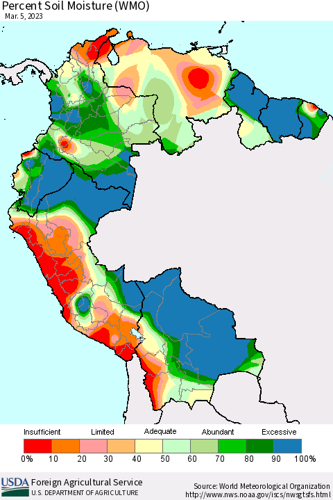 Northern South America Percent Soil Moisture (WMO) Thematic Map For 2/27/2023 - 3/5/2023