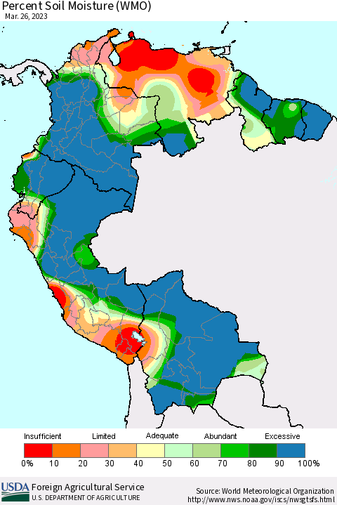 Northern South America Percent Soil Moisture (WMO) Thematic Map For 3/20/2023 - 3/26/2023
