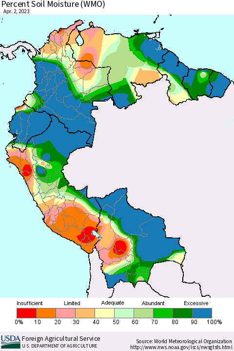 Northern South America Percent Soil Moisture (WMO) Thematic Map For 3/27/2023 - 4/2/2023