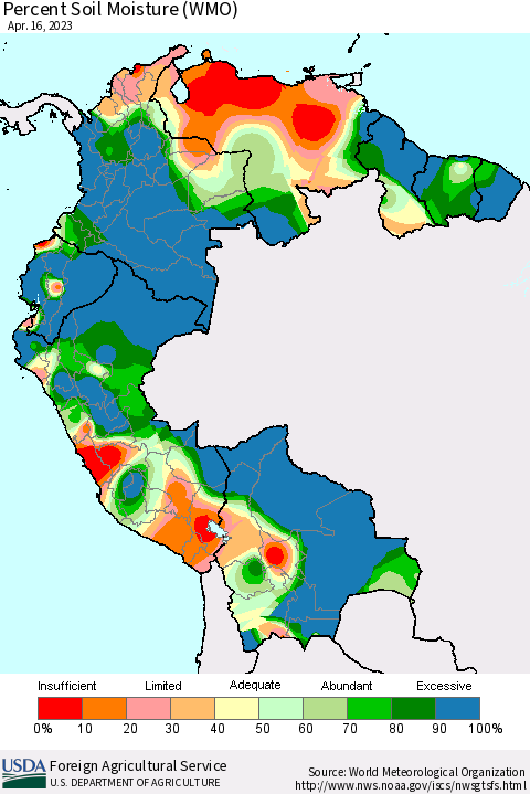 Northern South America Percent Soil Moisture (WMO) Thematic Map For 4/10/2023 - 4/16/2023