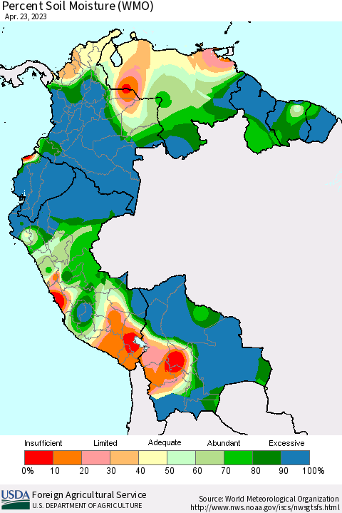 Northern South America Percent Soil Moisture (WMO) Thematic Map For 4/17/2023 - 4/23/2023