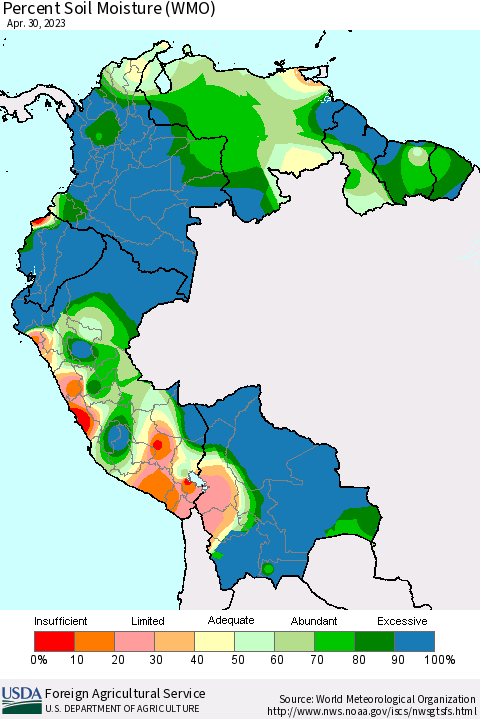 Northern South America Percent Soil Moisture (WMO) Thematic Map For 4/24/2023 - 4/30/2023