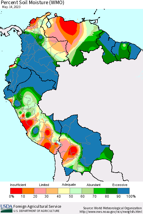 Northern South America Percent Soil Moisture (WMO) Thematic Map For 5/8/2023 - 5/14/2023