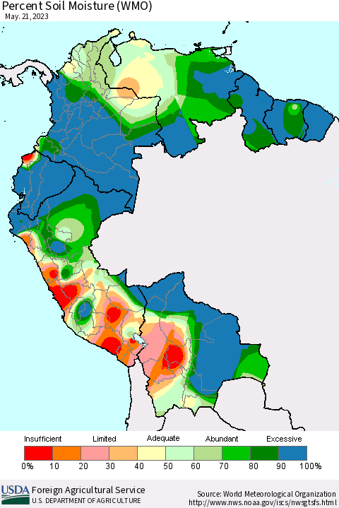 Northern South America Percent Soil Moisture (WMO) Thematic Map For 5/15/2023 - 5/21/2023