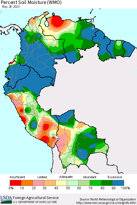 Northern South America Percent Soil Moisture (WMO) Thematic Map For 5/22/2023 - 5/28/2023