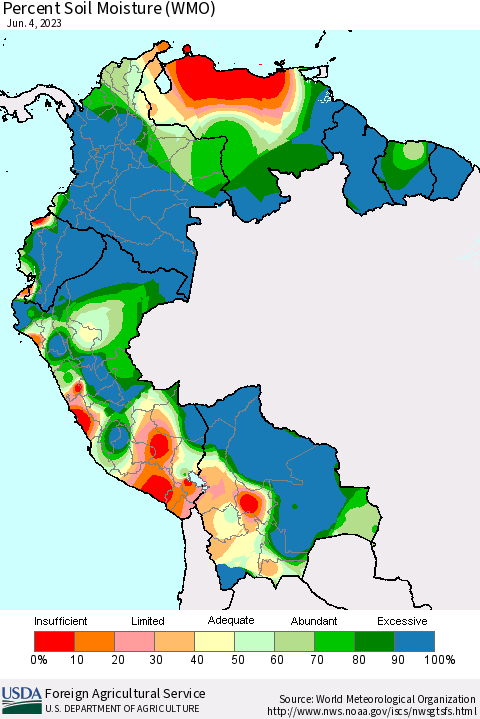 Northern South America Percent Soil Moisture (WMO) Thematic Map For 5/29/2023 - 6/4/2023