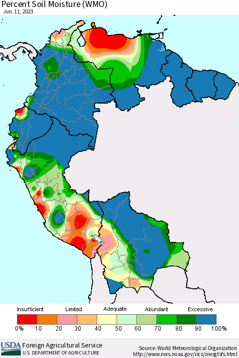 Northern South America Percent Soil Moisture (WMO) Thematic Map For 6/5/2023 - 6/11/2023