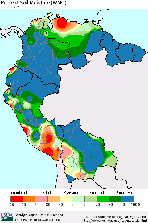 Northern South America Percent Soil Moisture (WMO) Thematic Map For 6/12/2023 - 6/18/2023
