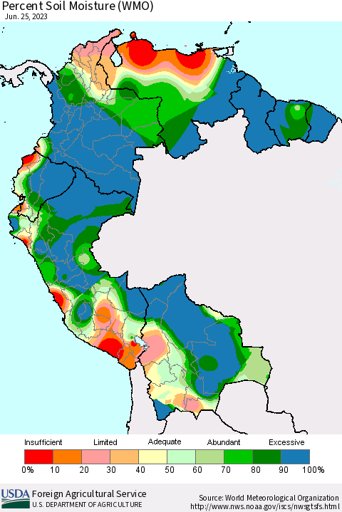 Northern South America Percent Soil Moisture (WMO) Thematic Map For 6/19/2023 - 6/25/2023