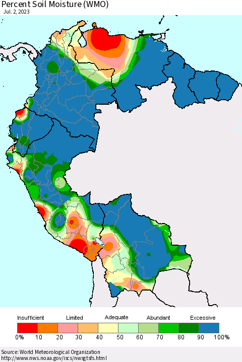 Northern South America Percent Soil Moisture (WMO) Thematic Map For 6/26/2023 - 7/2/2023