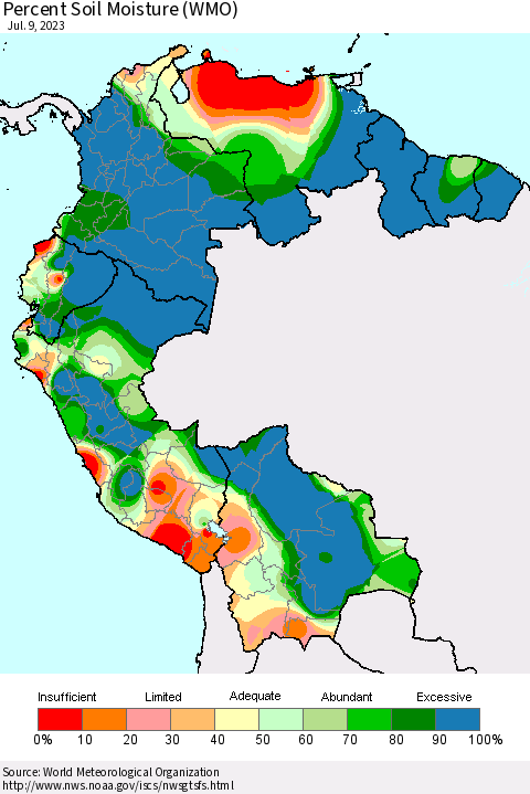 Northern South America Percent Soil Moisture (WMO) Thematic Map For 7/3/2023 - 7/9/2023