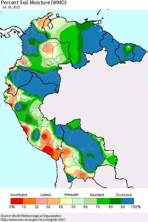 Northern South America Percent Soil Moisture (WMO) Thematic Map For 7/10/2023 - 7/16/2023