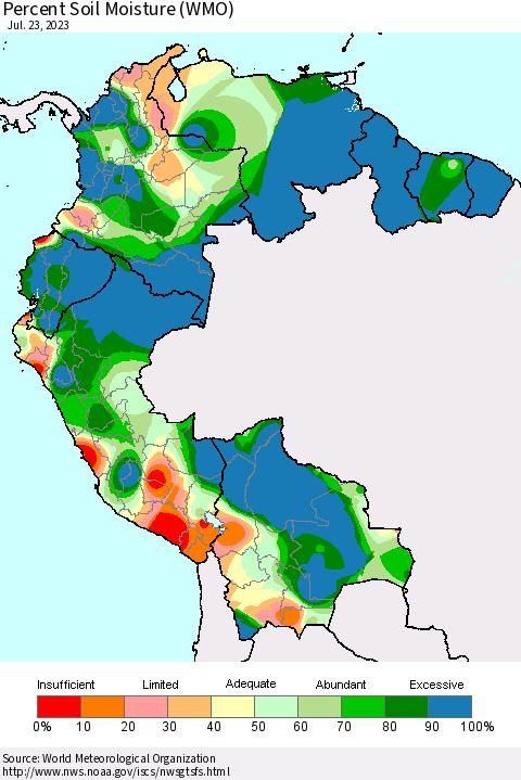 Northern South America Percent Soil Moisture (WMO) Thematic Map For 7/17/2023 - 7/23/2023