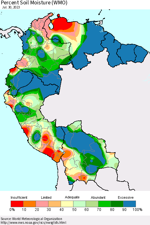 Northern South America Percent Soil Moisture (WMO) Thematic Map For 7/24/2023 - 7/30/2023
