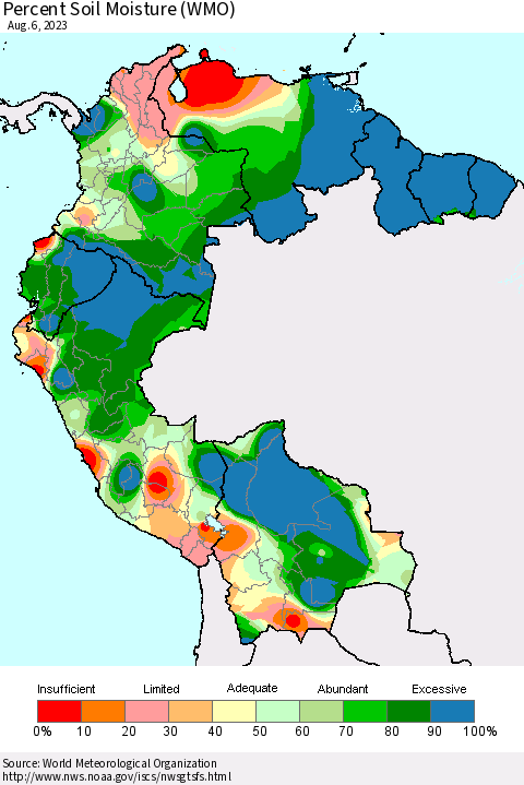 Northern South America Percent Soil Moisture (WMO) Thematic Map For 7/31/2023 - 8/6/2023