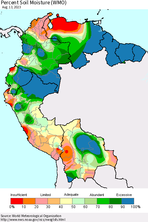Northern South America Percent Soil Moisture (WMO) Thematic Map For 8/7/2023 - 8/13/2023