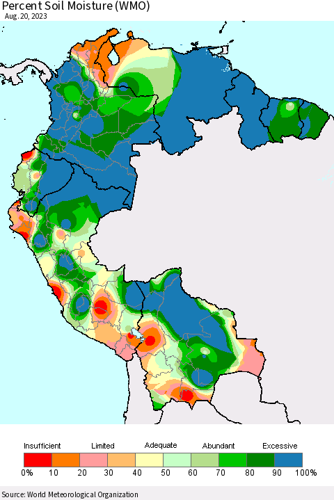 Northern South America Percent Soil Moisture (WMO) Thematic Map For 8/14/2023 - 8/20/2023
