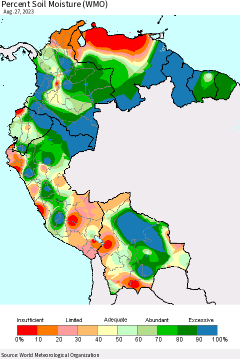 Northern South America Percent Soil Moisture (WMO) Thematic Map For 8/21/2023 - 8/27/2023