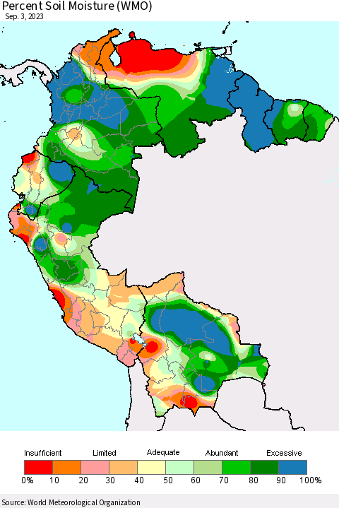 Northern South America Percent Soil Moisture (WMO) Thematic Map For 8/28/2023 - 9/3/2023